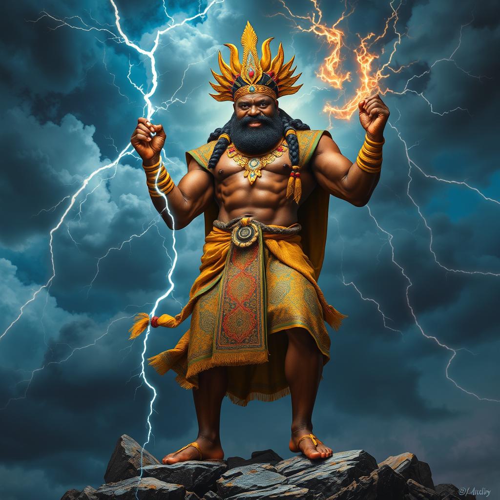 A majestic depiction of Amadioha, the Igbo God of thunder and lightning, portrayed as a powerful figure with a striking presence