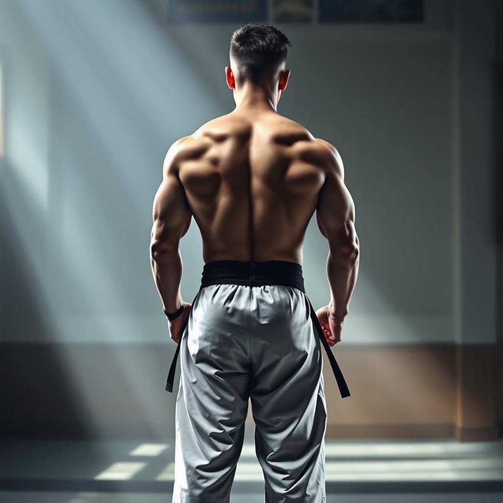 An image for a book cover titled 'Taehoon Who?' by IIDKRM, featuring the back of a tall, muscular taekwondo practitioner