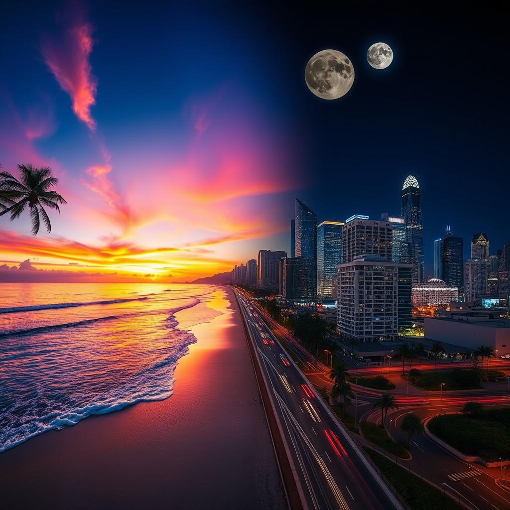 A visually appealing blend of two images: the first image is a stunning sunset over a tranquil beach with vibrant orange and purple hues reflecting on water, featuring gentle waves lapping at the shore, surrounded by palm trees