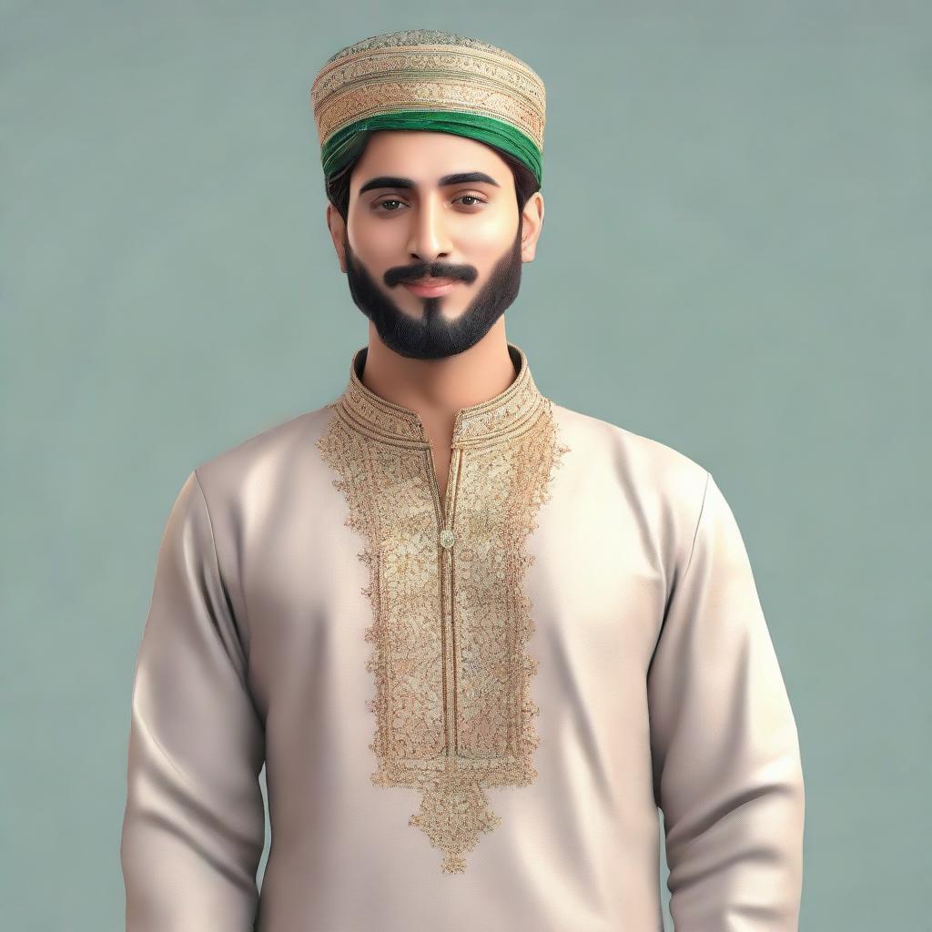 A 3D illustration of a realistic 25-year-old man named Zohaib Munir, dressed in traditional Pakistani clothing.