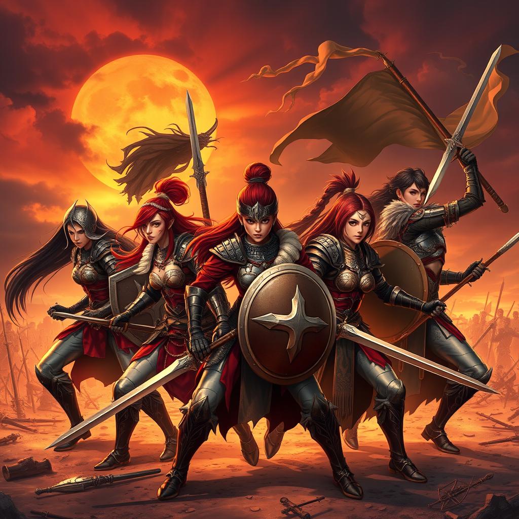 Eight powerful female warriors in an epic battle stance, clad in intricately designed armor, showcasing a variety of cultures and fighting styles