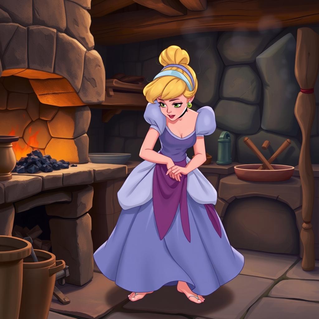 A scene of Cinderella wearing tattered clothes, working tirelessly in a kitchen