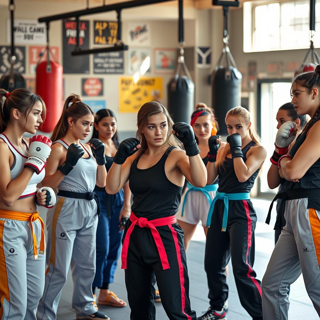 Eight agile female fighters, each showcasing a unique fighting style and personality, gathered in a vibrant training area