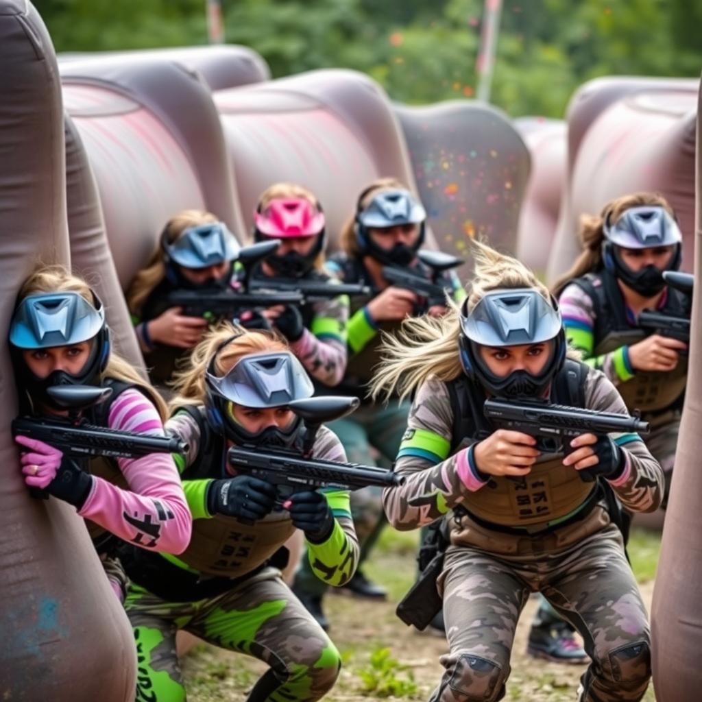 Eight skilled female paintball players, dressed in tactical gear with vibrant colors and cool patterns, showcasing their individuality