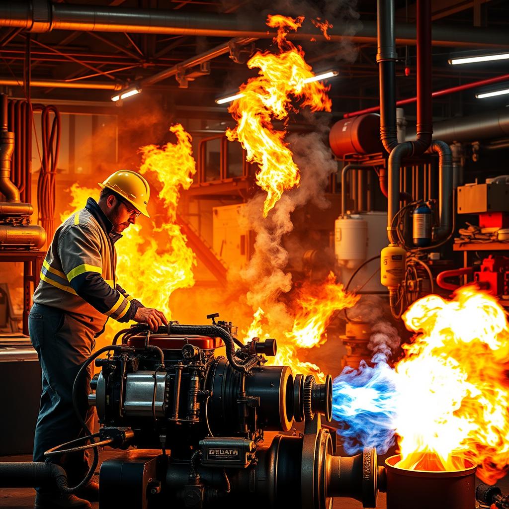A dramatic, high-energy scene depicting various methods and techniques for burning fuel systems, illustrating components like fuel tanks, combustion chambers, and exhaust systems