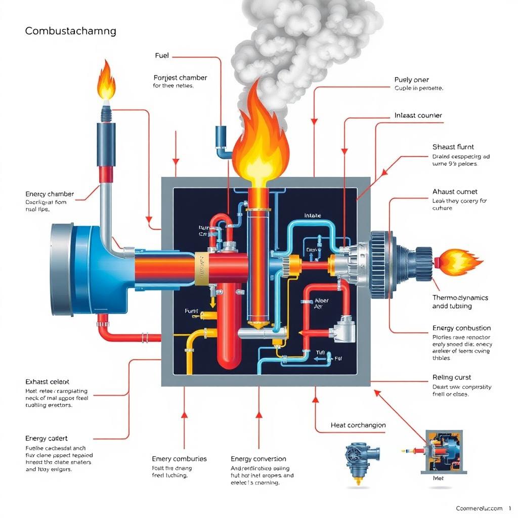 A detailed schematic illustration showcasing various mechanisms involved in burning fuel to produce energy