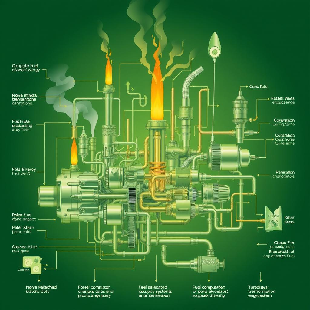 A detailed schematic illustration of mechanisms that burn fuel to produce energy
