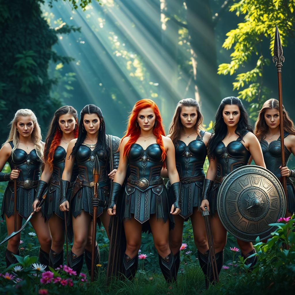 Nine powerful Amazons standing proudly in a lush, enchanted forest, each displaying unique characteristics