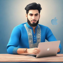 A 3D illustration of a 25 year old man named Zohain Munir, dressed in traditional Pakistani attire, casually sitting with a blue Apple MacBook. The background of the image is a realistic and active social media profile page.