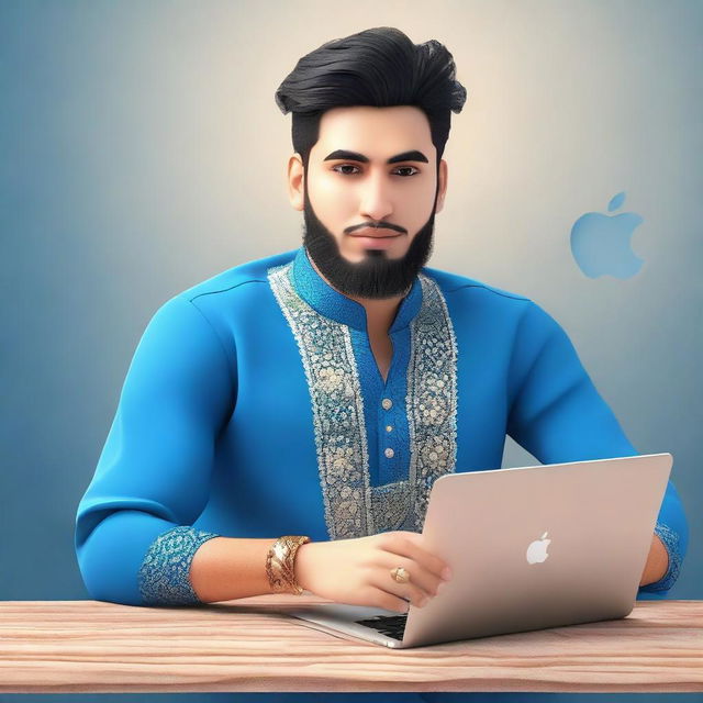 A 3D illustration of a 25 year old man named Zohain Munir, dressed in traditional Pakistani attire, casually sitting with a blue Apple MacBook. The background of the image is a realistic and active social media profile page.