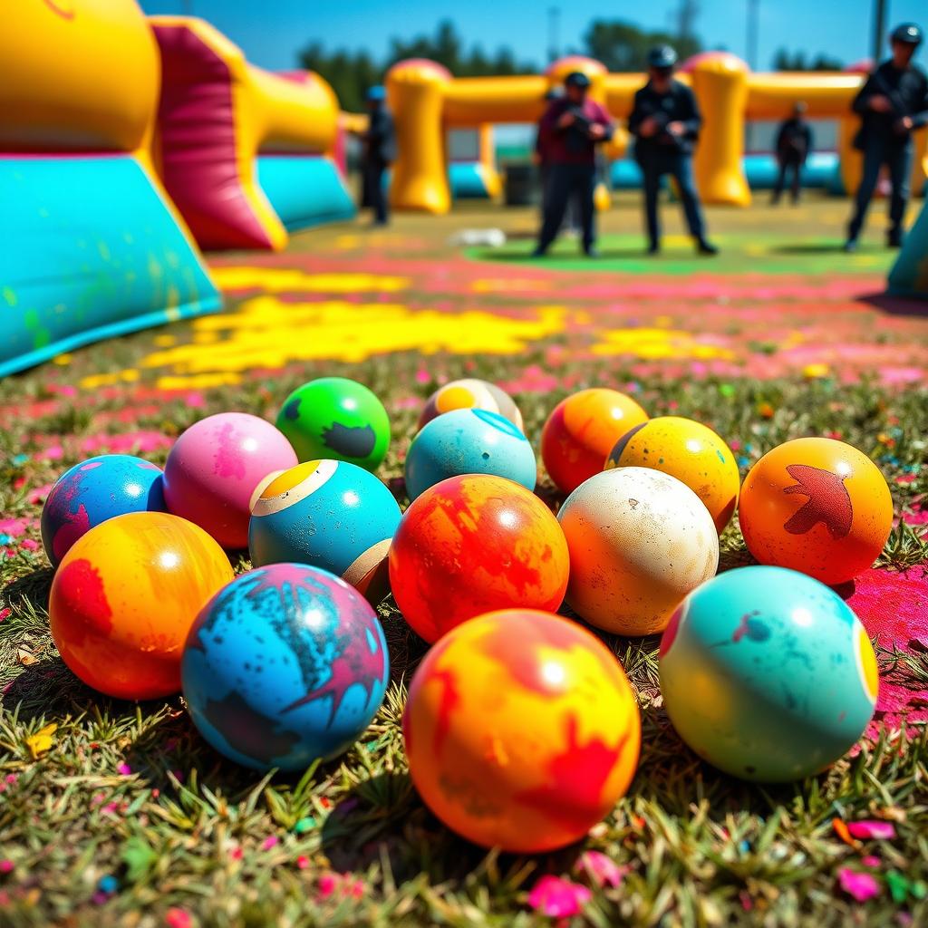 Nine colorful paintballs, each uniquely designed, scattered across a vibrant and dynamic paintball arena