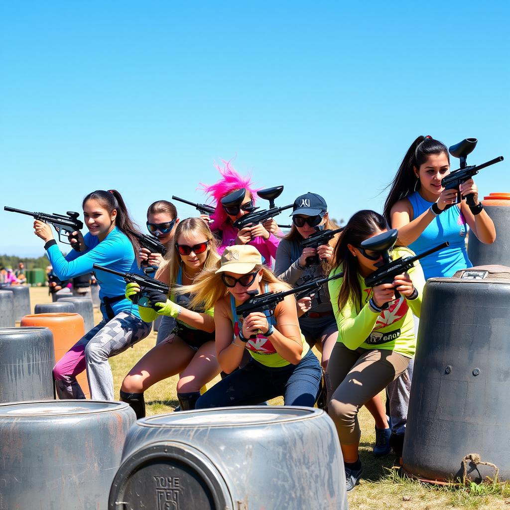 Nine female paintball players in action, showcasing diverse appearances with different hairstyles, ethnicities, and athletic builds