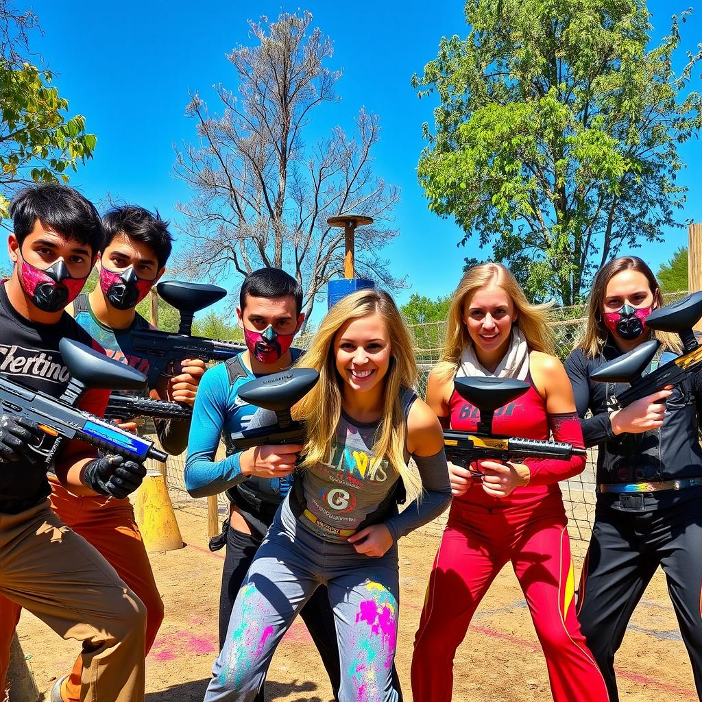 A dynamic scene featuring eight paintball players preparing for an intense match