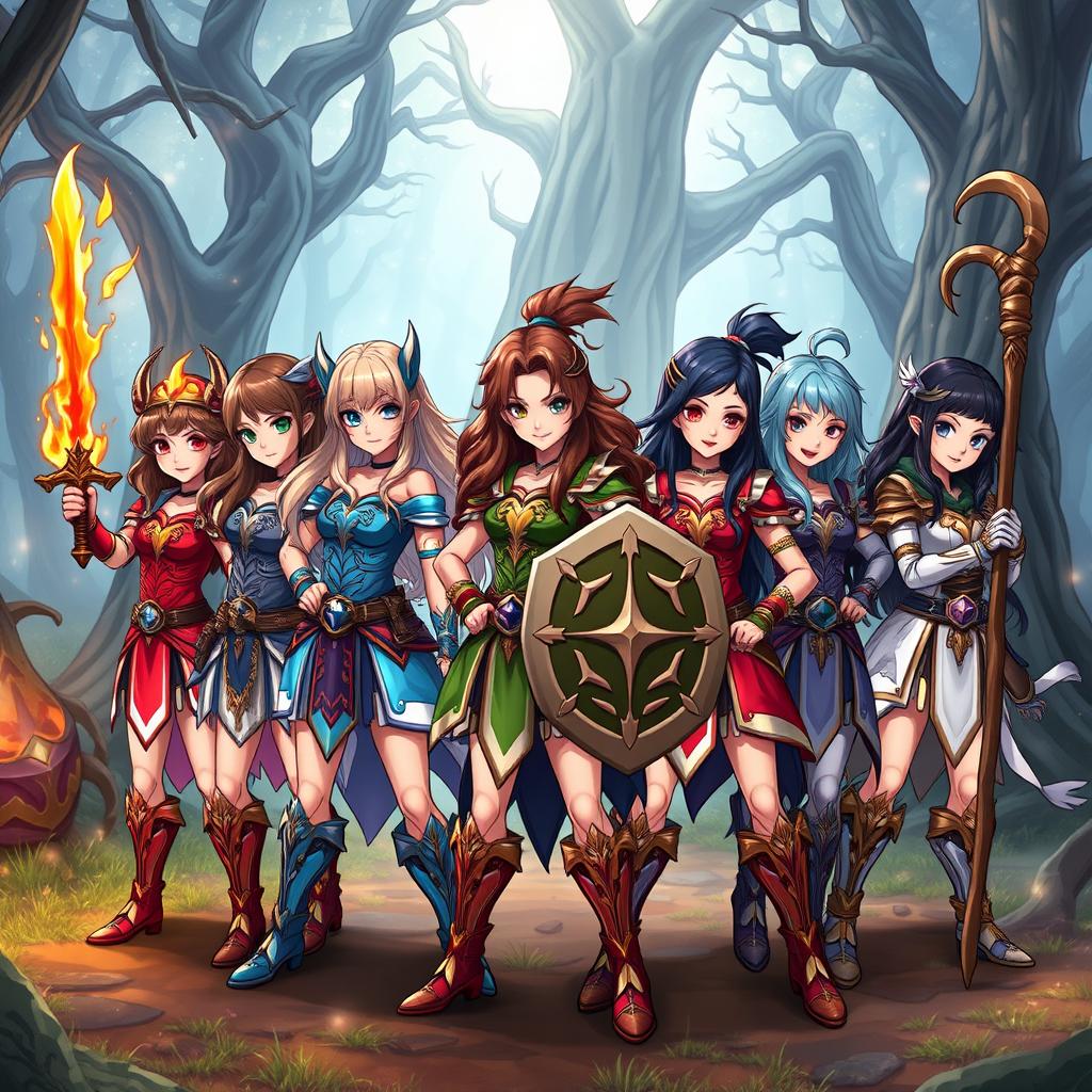 Nine fierce warrior girls dressed in colorful fantasy armor, each with unique weapons, standing confidently in a mystical forest