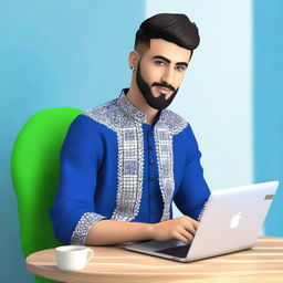 A 3D illustration of a 25 year old man named Zohain Munir, dressed in traditional Pakistani attire, casually sitting with a blue Apple MacBook. The background of the image is a realistic and active social media profile page.