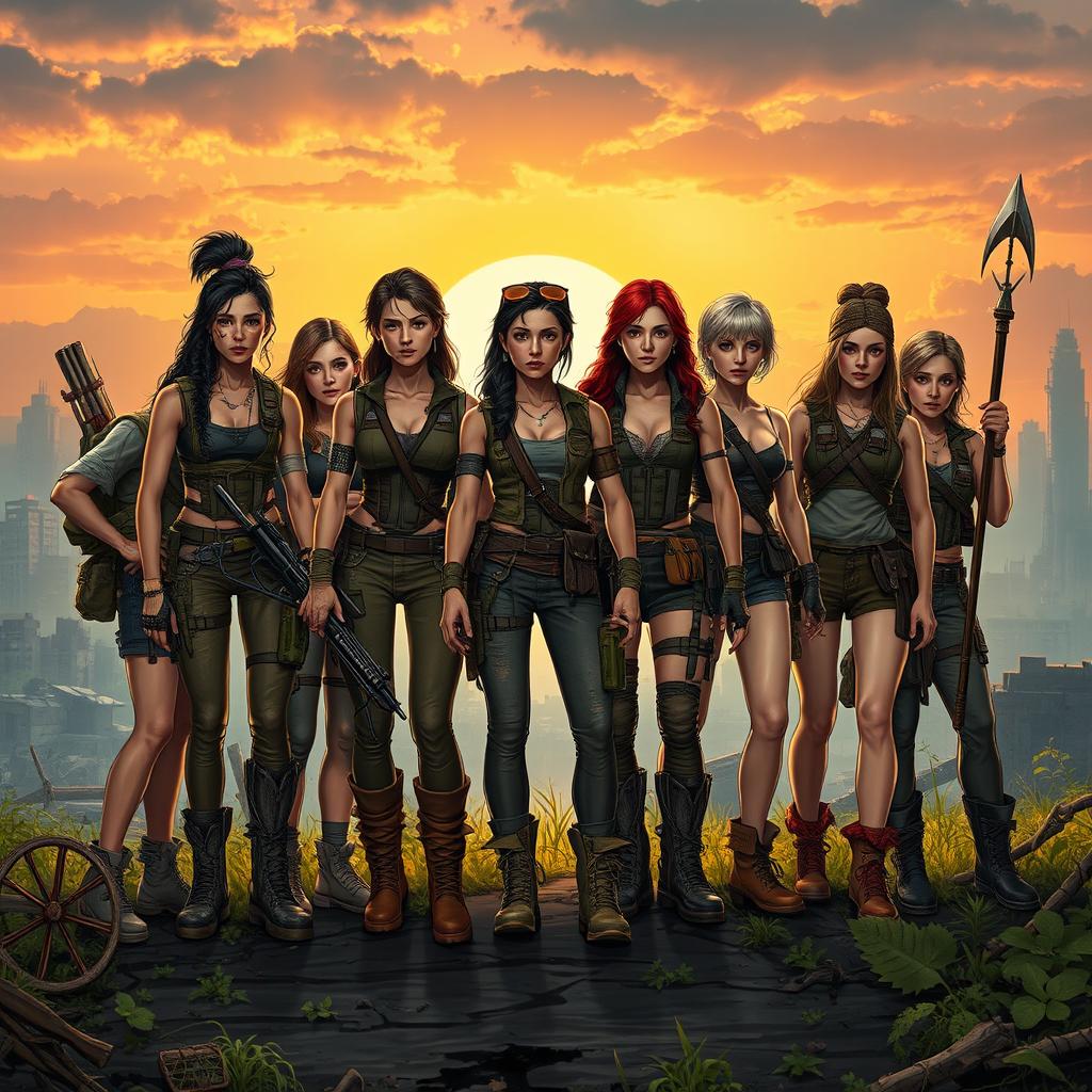 Nine strong and resilient female survivors standing together in a post-apocalyptic landscape, showcasing diverse backgrounds and features, each adorned in unique survival gear such as tactical vests, boots, and makeshift accessories