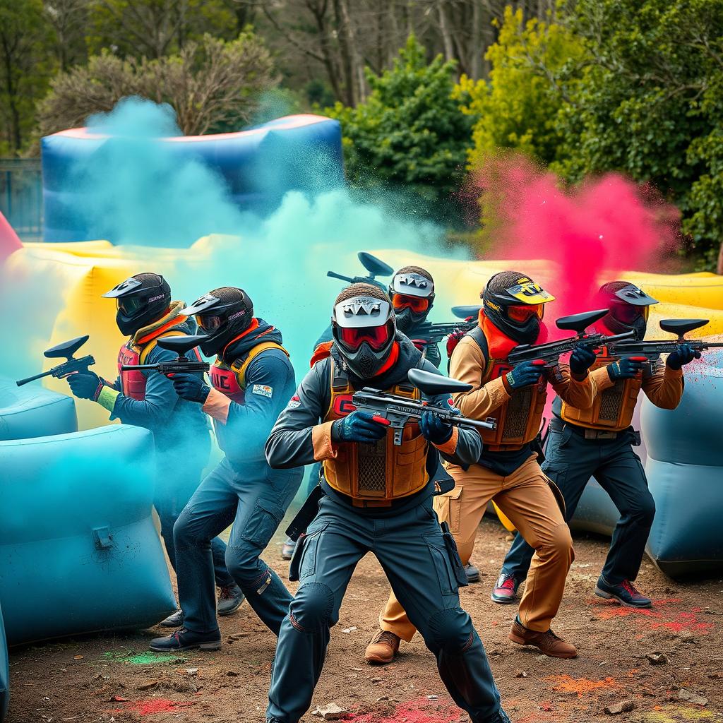 A dynamic scene depicting nine skilled paintball survivors in an outdoor arena, showcasing their vibrant gear and accessories