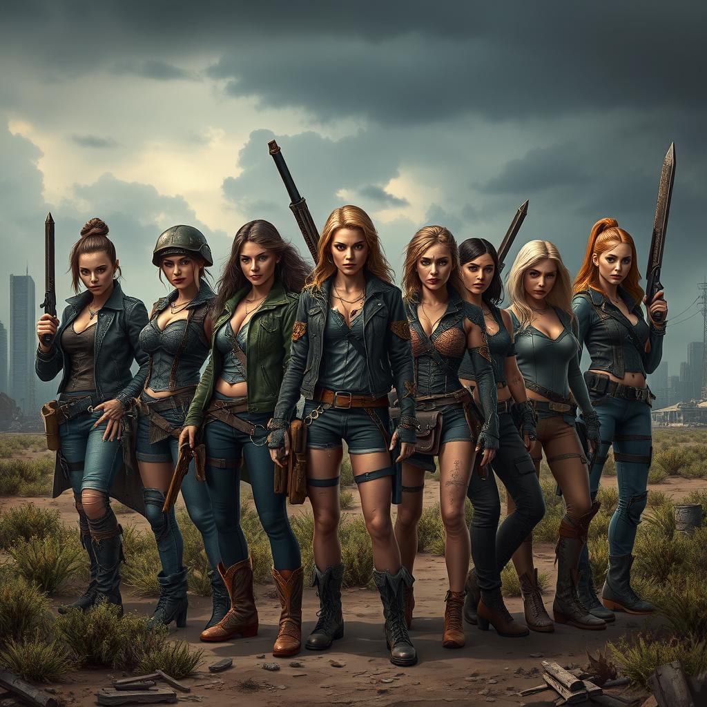 A scene depicting nine fierce female survivors of a post-apocalyptic war, each with unique styles and weapons, standing strong in a desolate landscape