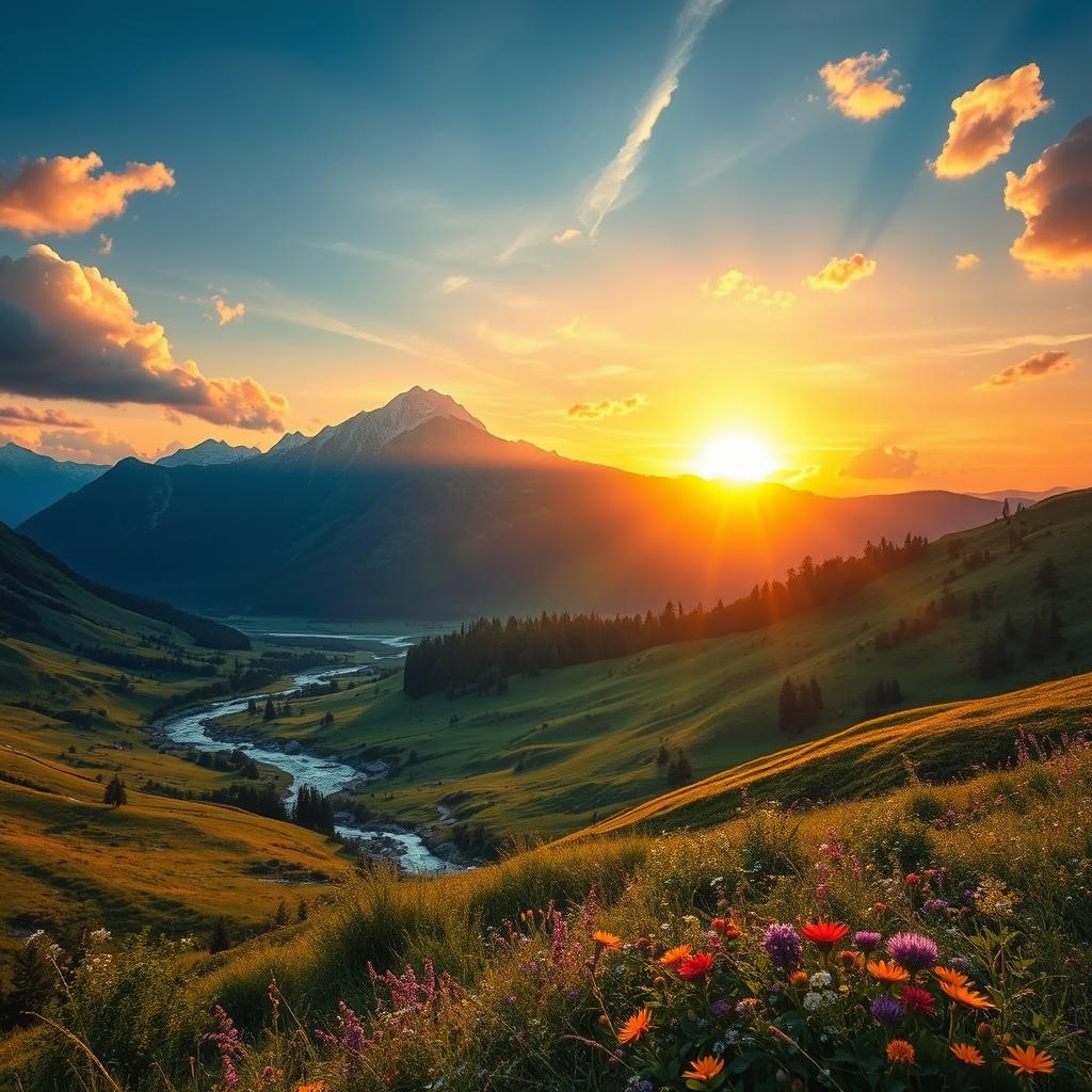 A breathtaking landscape that inspires a sense of awe and invites praise to the divine, featuring a majestic mountain range under a vibrant sunset sky, lush green valleys, a sparkling river gently flowing through the foreground, and colorful wildflowers blooming in the meadows