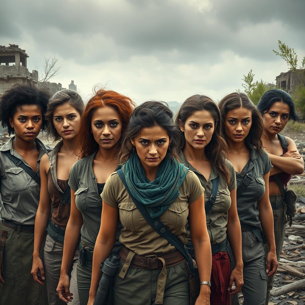 A powerful image depicting nine female survivors of war, each embodying strength and resilience