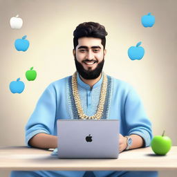 A 3D illustration of a 25 year old man named Zohain Munir, dressed in traditional Pakistani attire, casually sitting with a blue Apple MacBook. The background of the image is a realistic and active social media profile page.