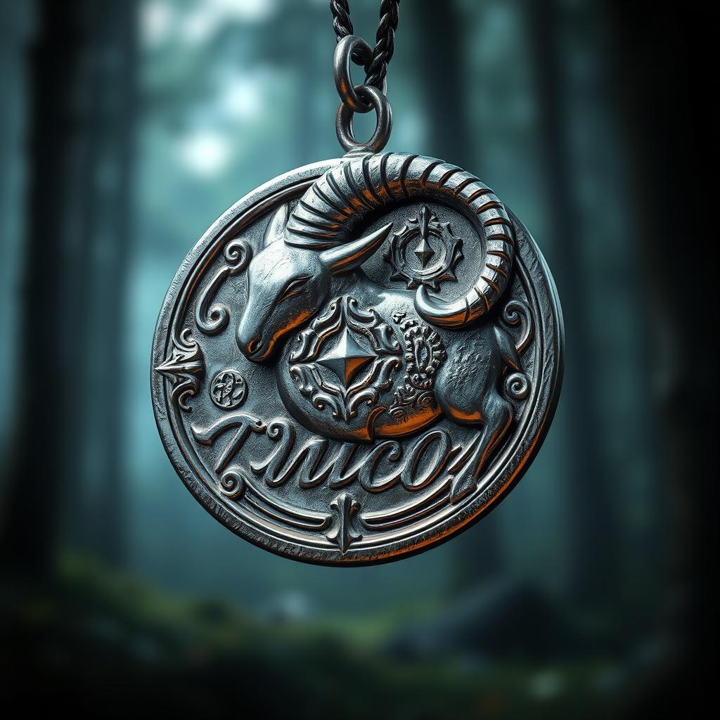 A highly detailed and realistic depiction of a Witcher medallion shaped like a ram, featuring intricate designs and engravings