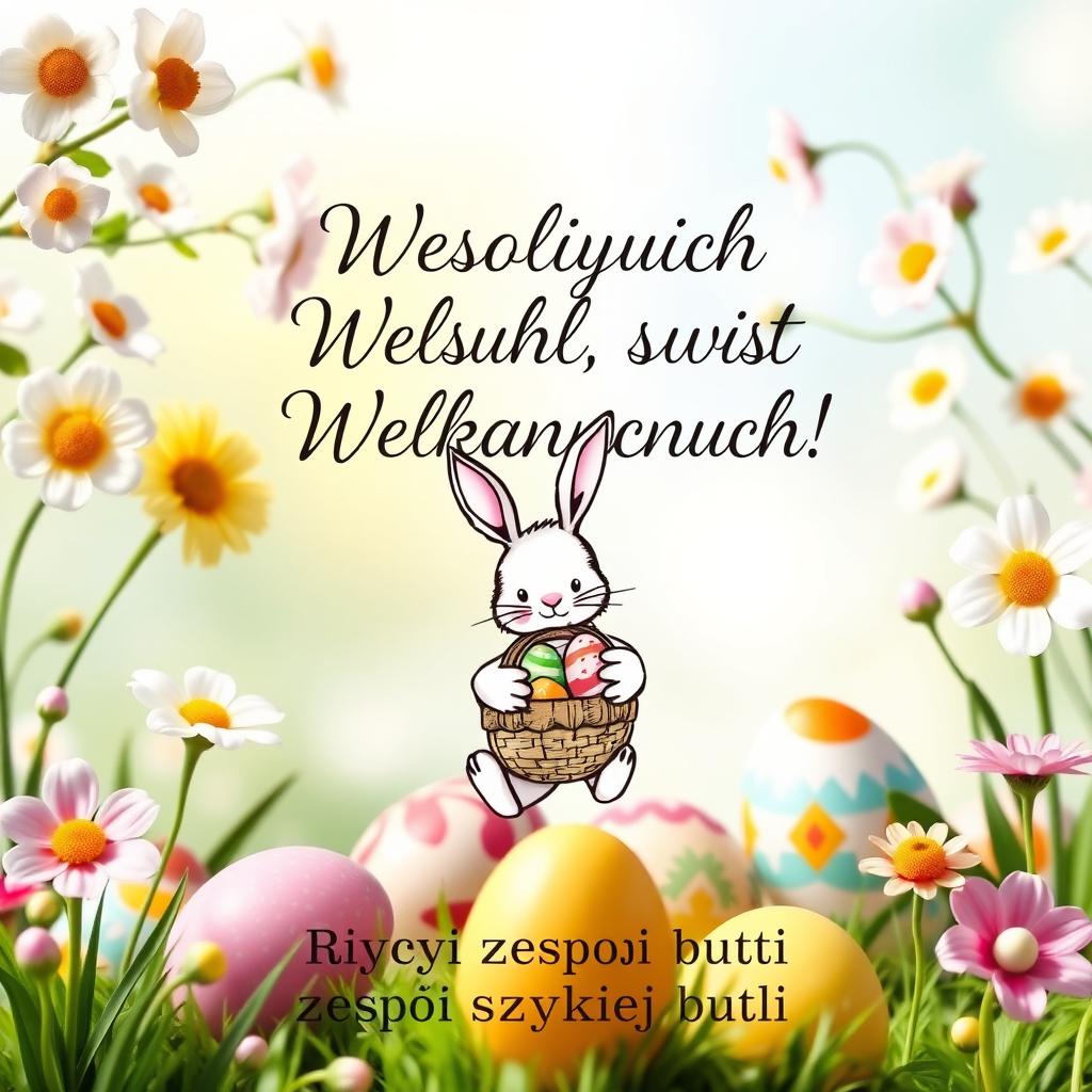 A colorful and cheerful Easter greeting card featuring blooming flowers, decorated Easter eggs, and a gentle spring background