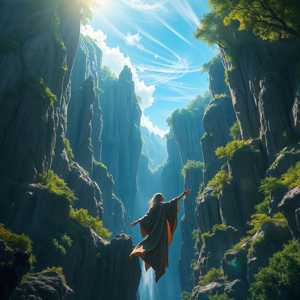 A dramatic scene depicting a mythical gorge surrounded by towering cliffs, with intricate rock formations and lush greenery