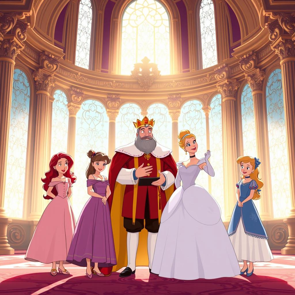 In a bright and cheerful morning scene set inside a magnificent palace, a middle-aged king stands with his two daughters and Cinderella as they share a heartfelt goodbye