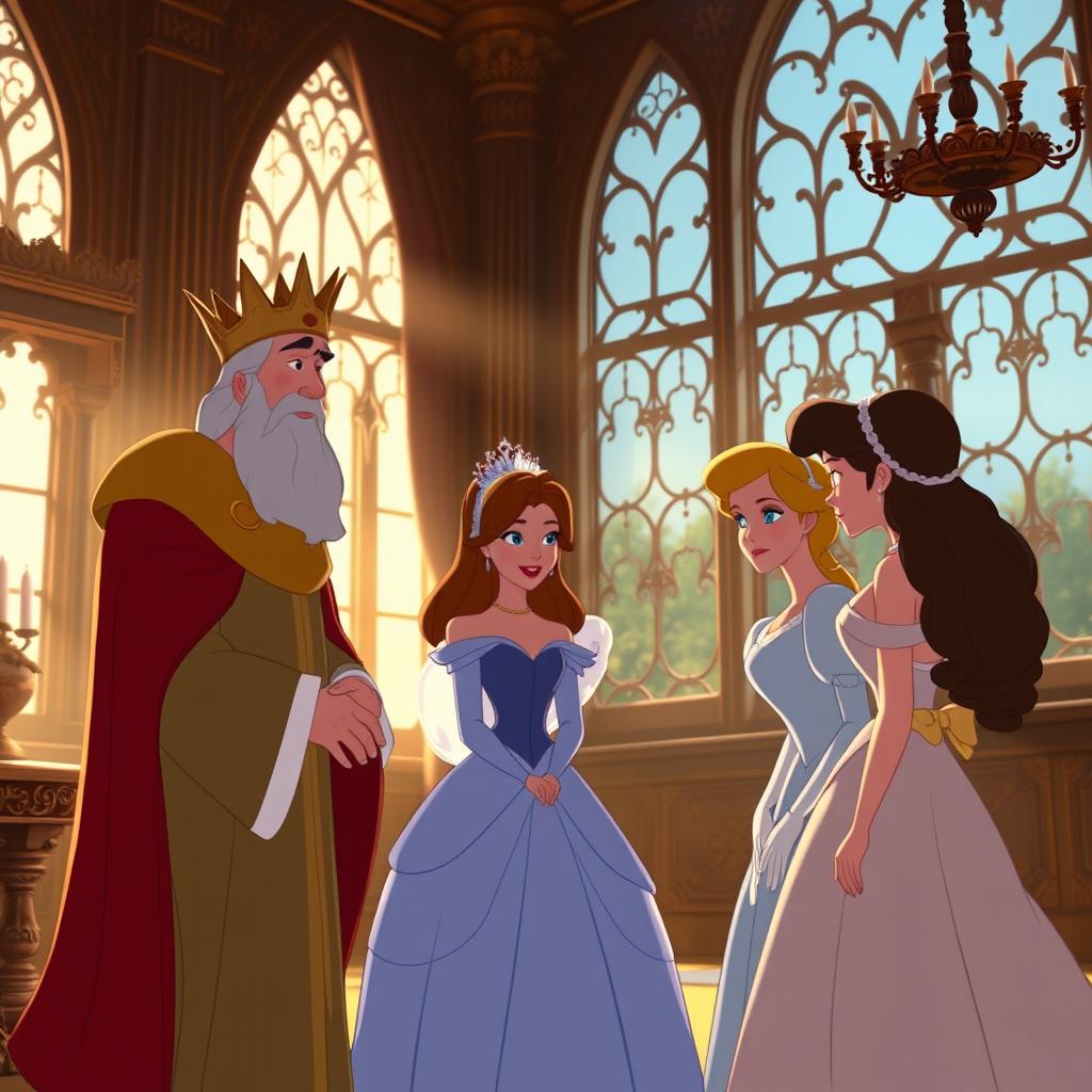 A scene set in a palace during the early morning, depicting a middle-aged king bidding farewell to his two daughters and Cinderella