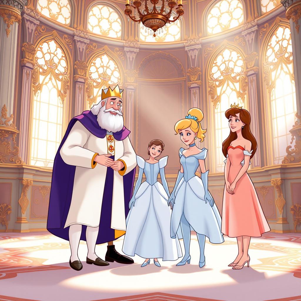 In a bright and heartwarming morning scene inside a grand palace, a middle-aged king stands with his two daughters and Cinderella, who is dressed in her tattered clothes as they share a bittersweet farewell