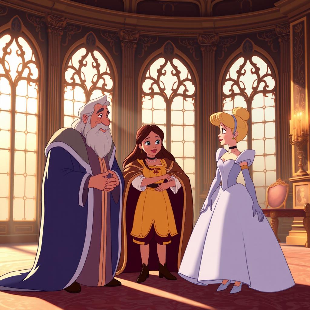 A scene set in a palace during the early morning, featuring a middle-aged king saying farewell to his two daughters and Cinderella, who is wearing tattered clothes