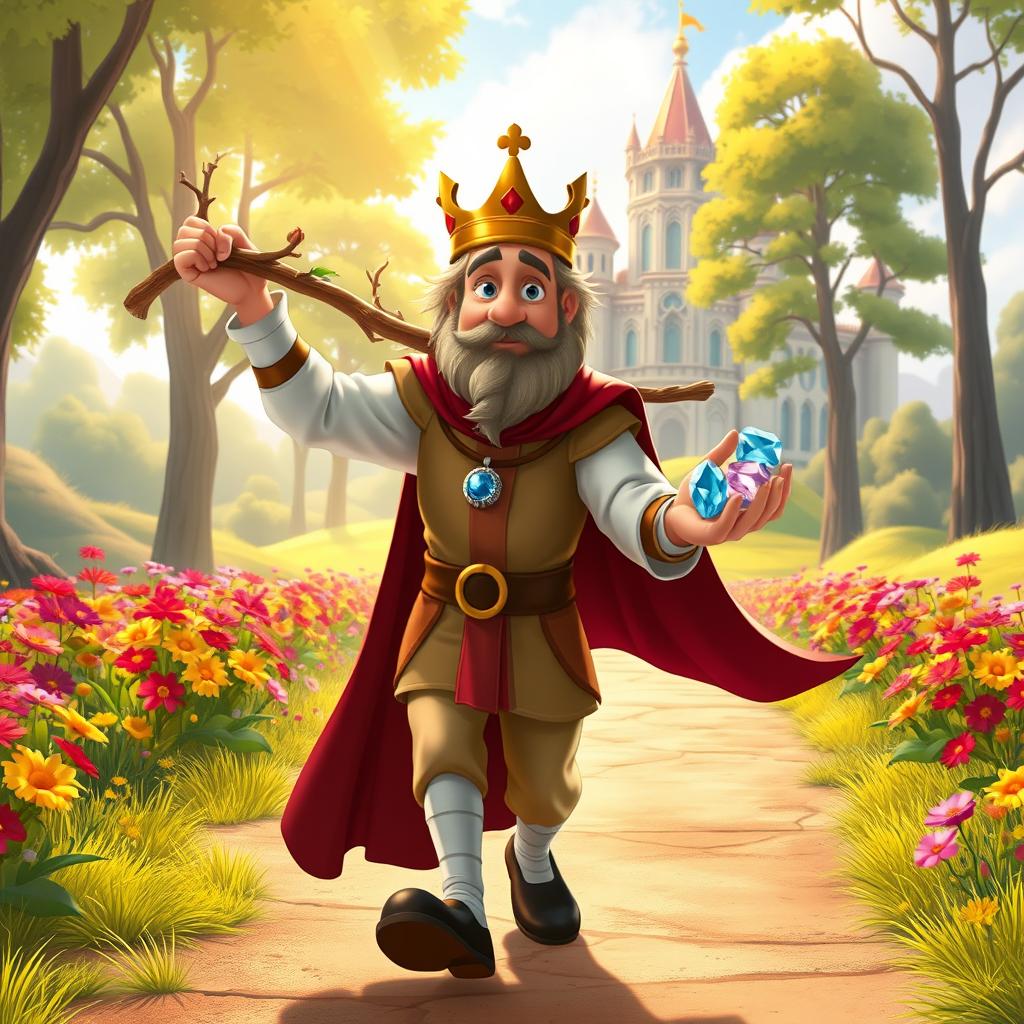 In a lively and enchanting Disney animation style, a middle-aged king is on his way back to the palace in the fresh morning light, carrying a sturdy branch in one hand and a collection of sparkling jewels in the other