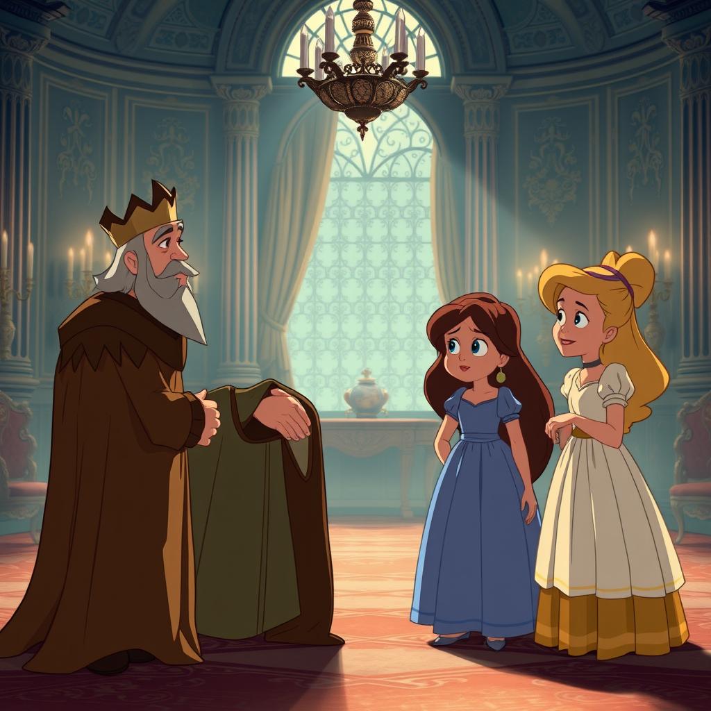 A scene set in a palace during the early morning, showing a middle-aged king and his two daughters, all dressed in tattered clothes, saying farewell to Cinderella