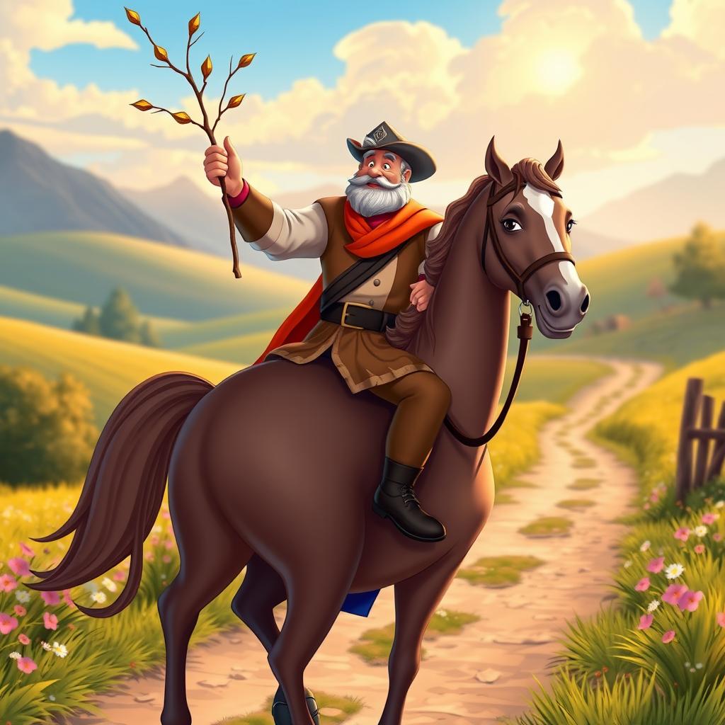 In a bright and lively Disney animation style, a middle-aged wealthy merchant is riding a majestic horse along a picturesque path in the early morning light
