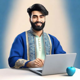 A 3D illustration of a 25 year old man named Zohain Munir, dressed in traditional Pakistani attire, casually sitting with a blue Apple MacBook. The background of the image is a realistic and active social media profile page.