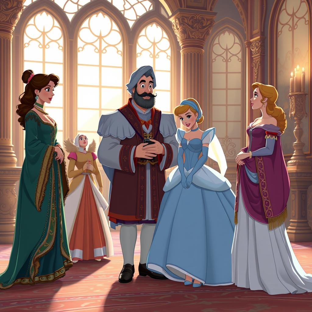 A scene set in a palace during the early morning, featuring a middle-aged wealthy merchant saying goodbye to his two daughters, who are dressed in elaborate and beautiful clothing, along with Cinderella, who is in tattered clothes