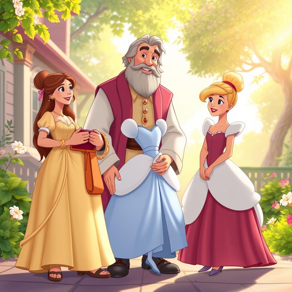 In a delightful Disney animation style, a middle-aged wealthy merchant stands in a bright and cheerful morning scene, preparing to say goodbye to his two elegantly dressed daughters and Cinderella, who is wearing her tattered clothing