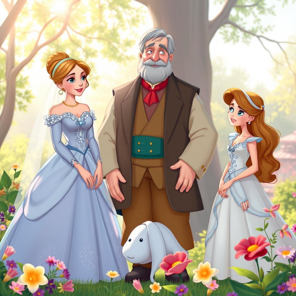 In a charming Disney animation style, a middle-aged wealthy merchant is saying goodbye in a bright and cheerful morning setting