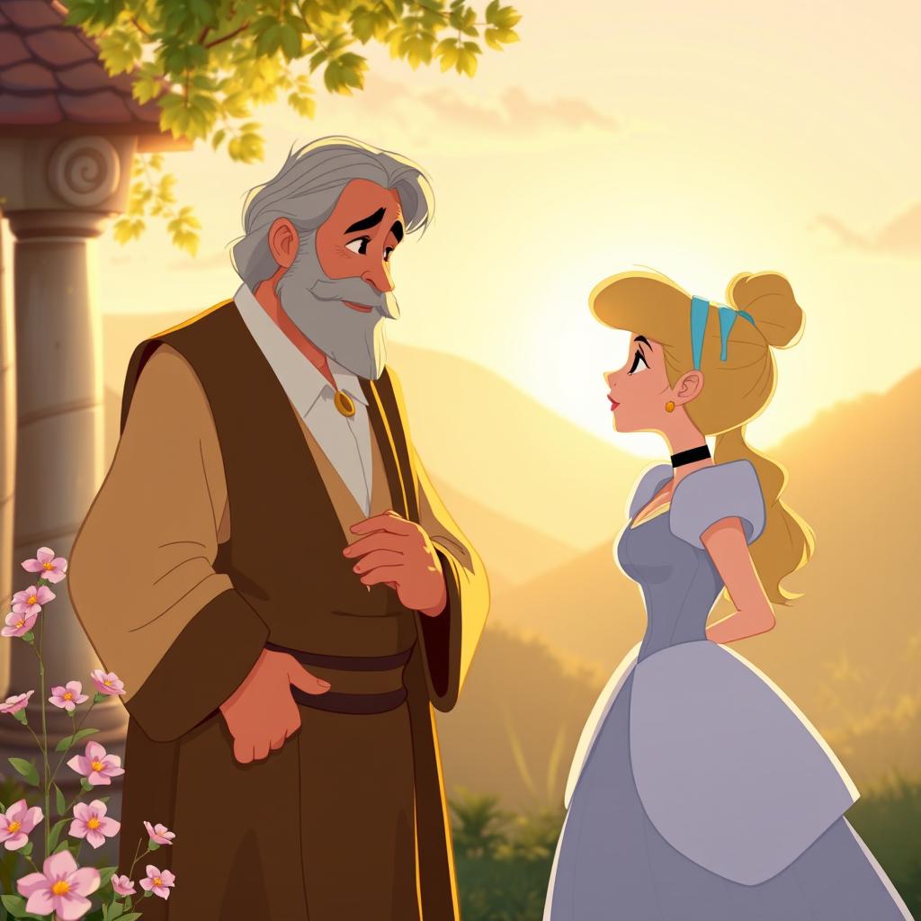 In a heartwarming Disney animation style, a middle-aged wealthy merchant is saying goodbye in a bright and cheerful morning setting