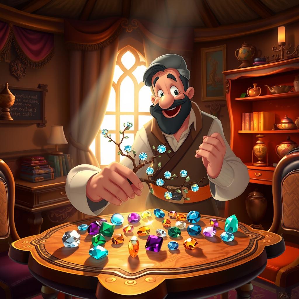 In a whimsical Disney animation style, inside a cozy and warmly lit room, a middle-aged wealthy merchant is placing a branch and a collection of sparkling gemstones on a beautifully crafted wooden table