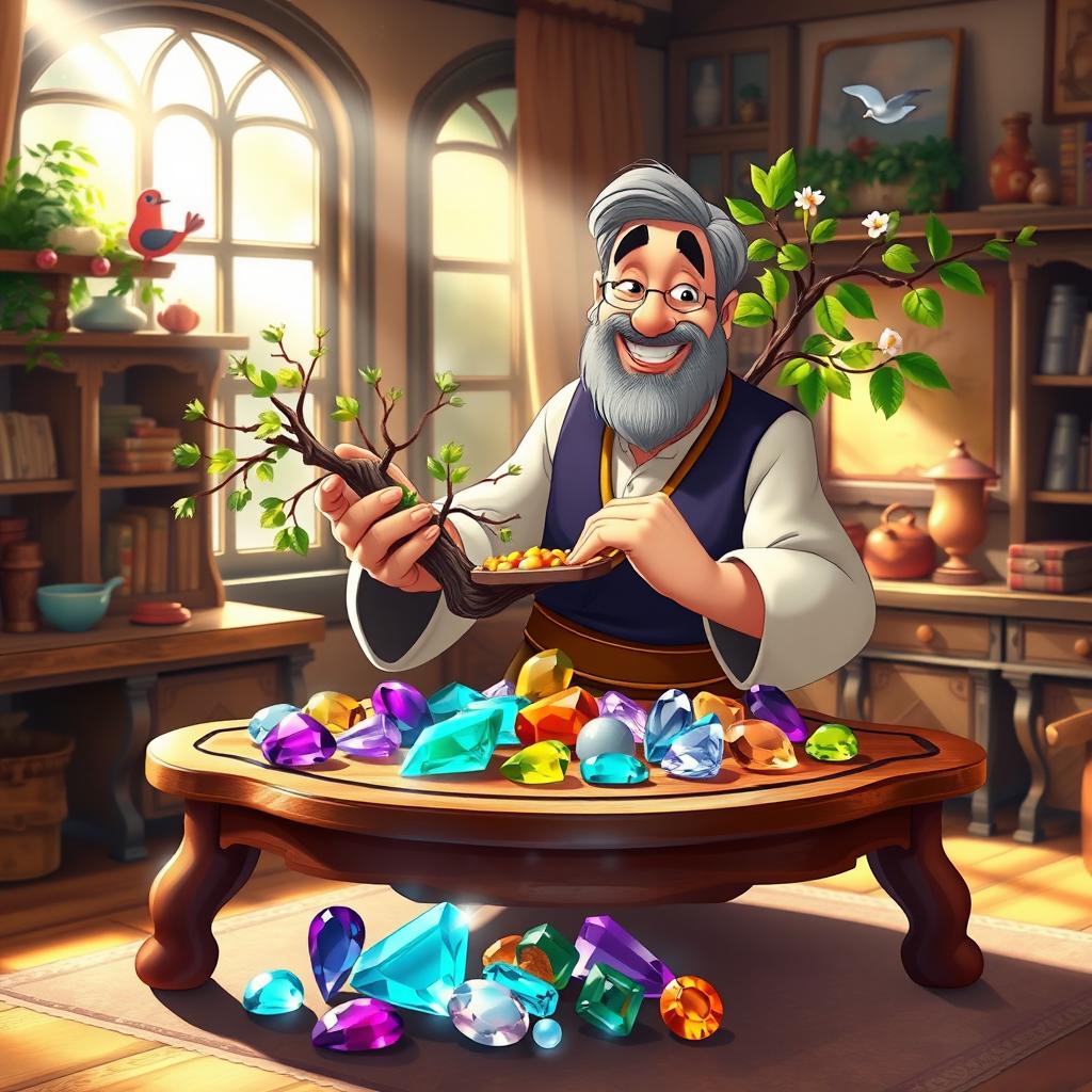 In a delightful Disney animation style, a middle-aged wealthy merchant is placing a vibrant tree branch along with a dazzling assortment of gemstones on a beautifully designed wooden table