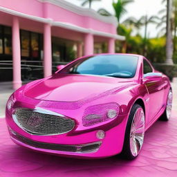 A vibrant pink Barbie-themed car with shiny, intricately designed chrome detailing