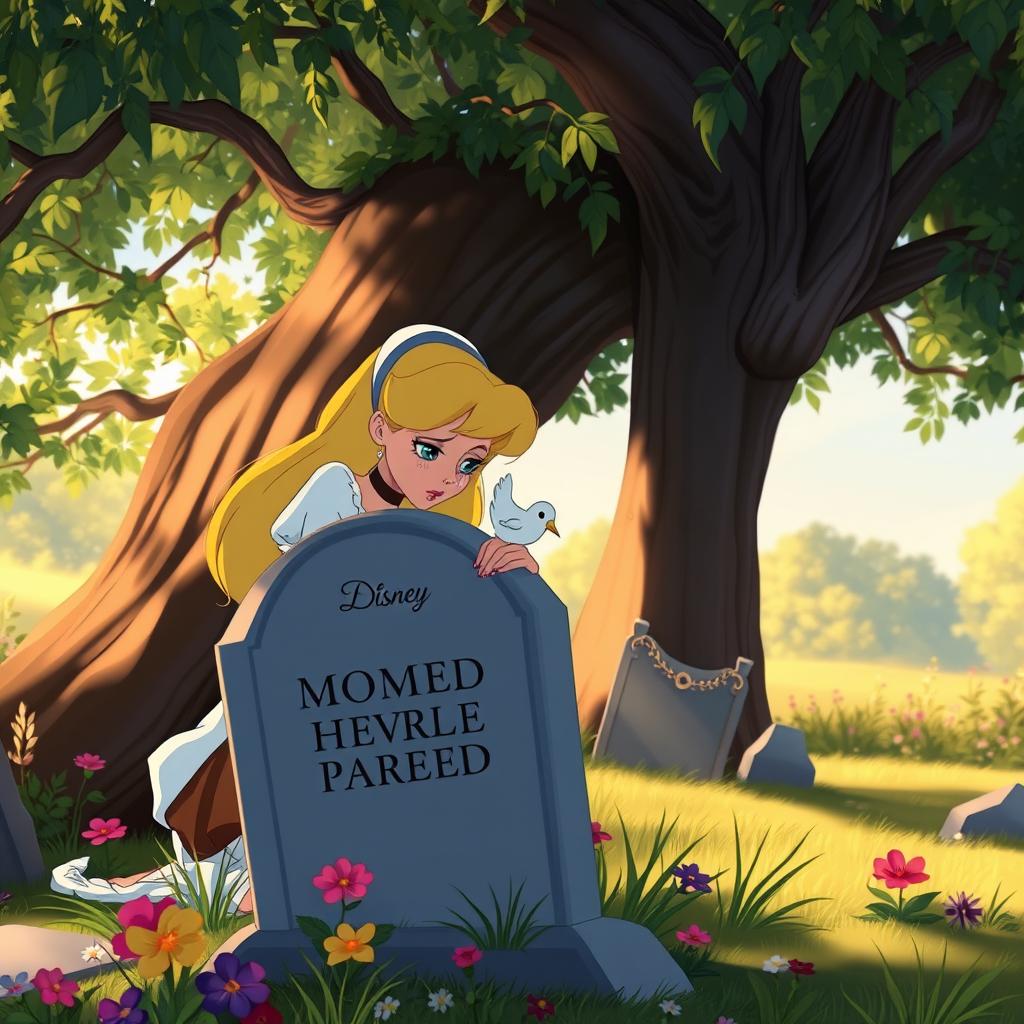 In a heartfelt Disney animation style, Cinderella is shown in tattered clothing, kneeling under a large, leafy tree, weeping at her mother's gravestone
