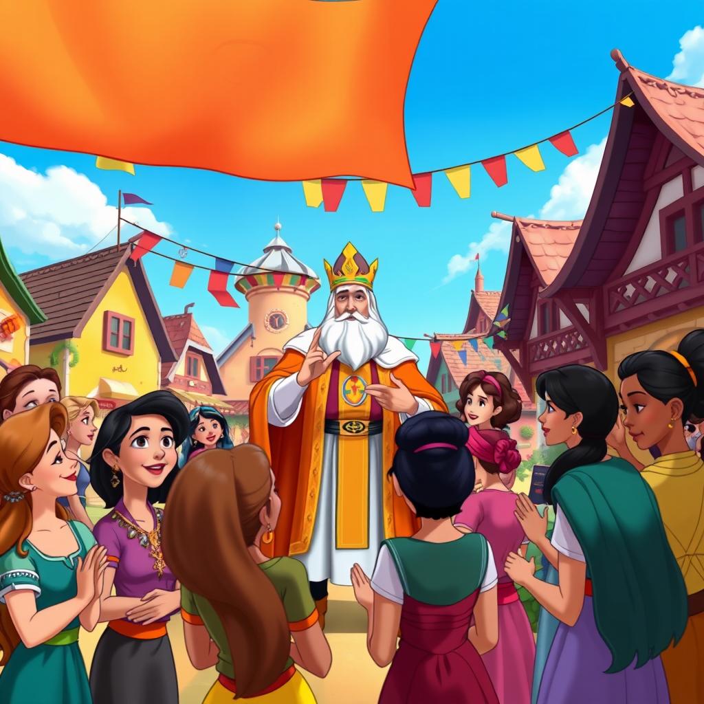 In a vibrant Disney animation style, a majestic king stands proudly in the center of a lively town square, addressing the diverse townspeople gathered around him
