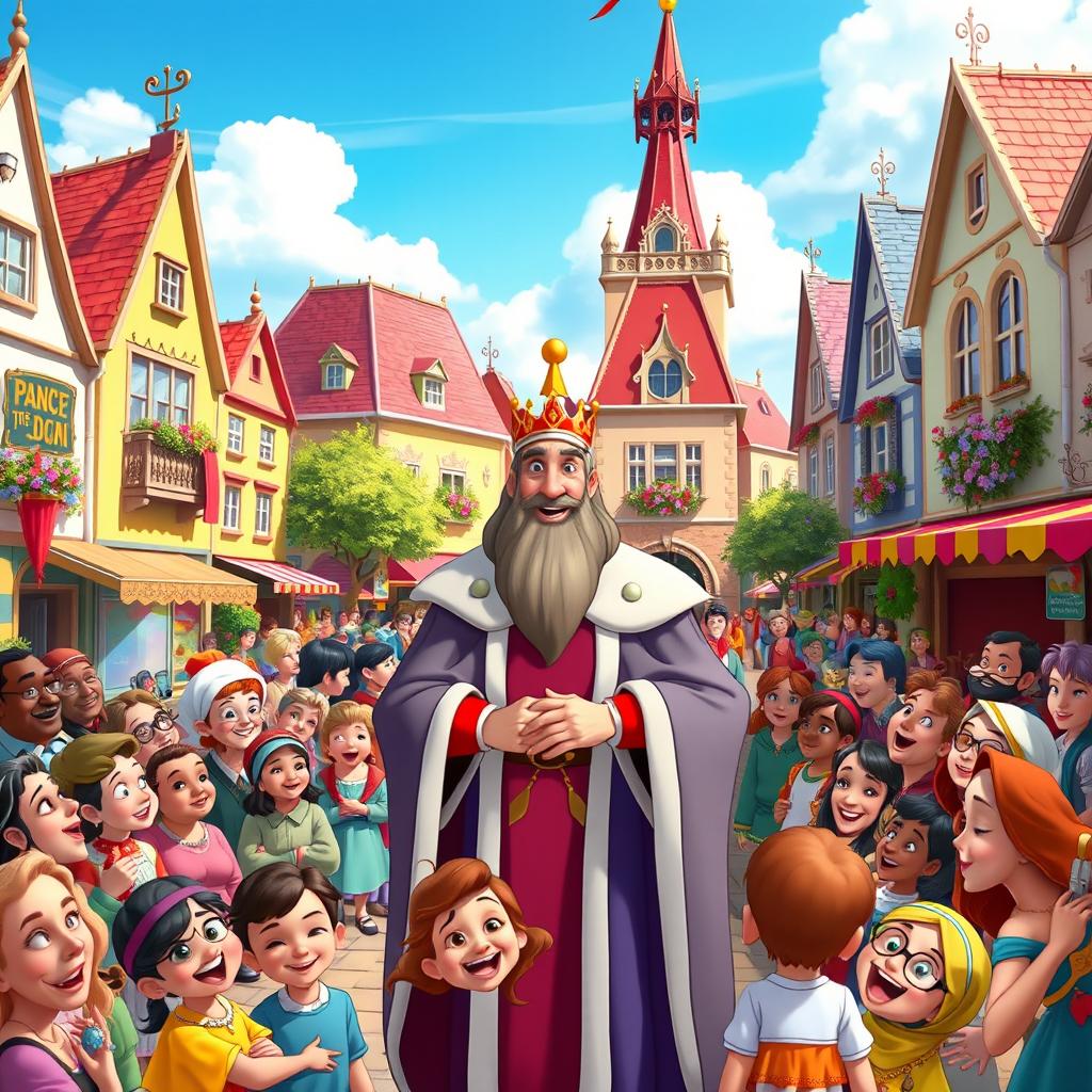 In a vibrant Disney animation style, a regal king stands confidently at the center of a bustling town square, addressing a crowd of joyful townspeople