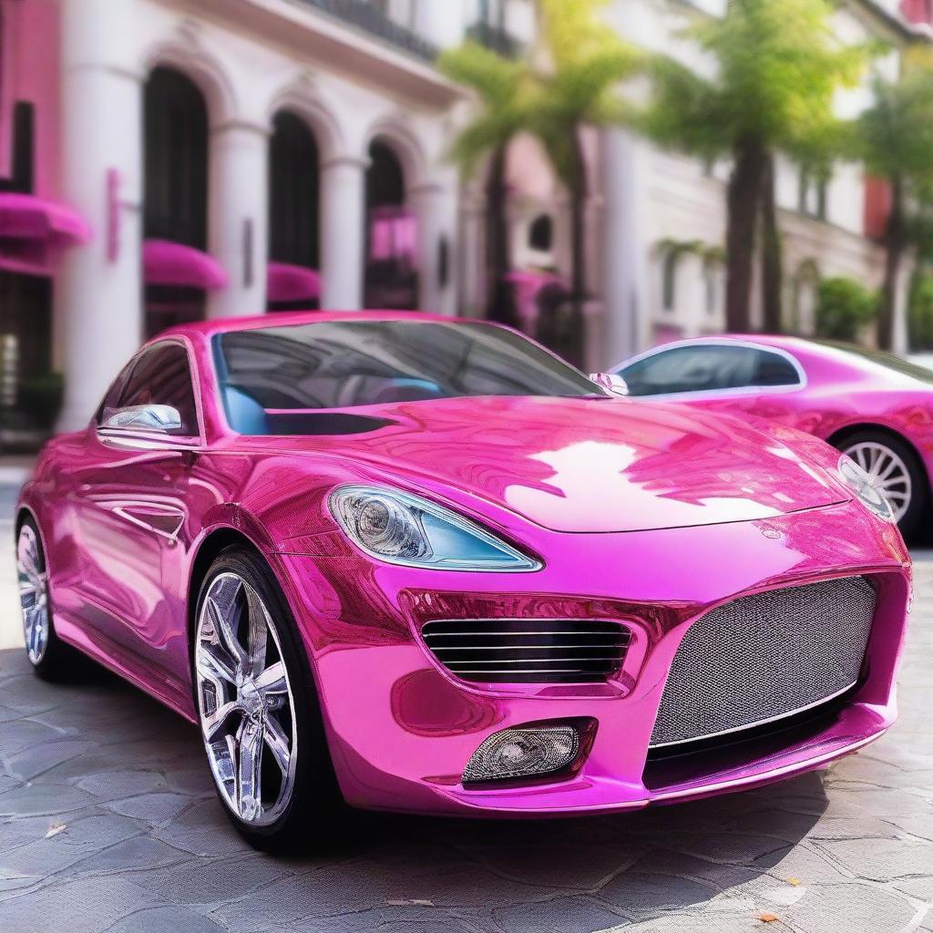 A vibrant pink Barbie-themed car with shiny, intricately designed chrome detailing