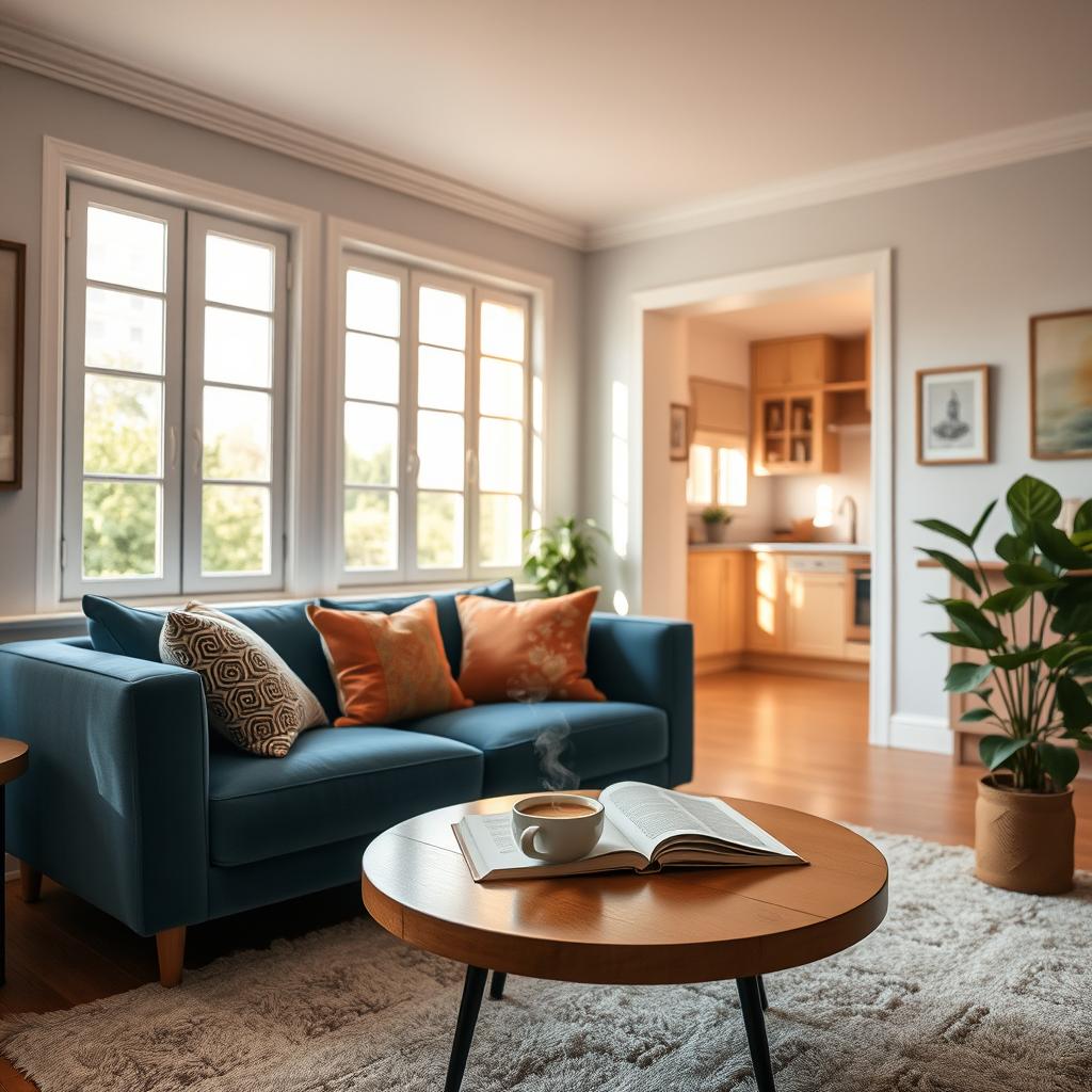 A cozy interior living room with a large window providing warm natural light, featuring a plush blue sofa with colorful throw pillows