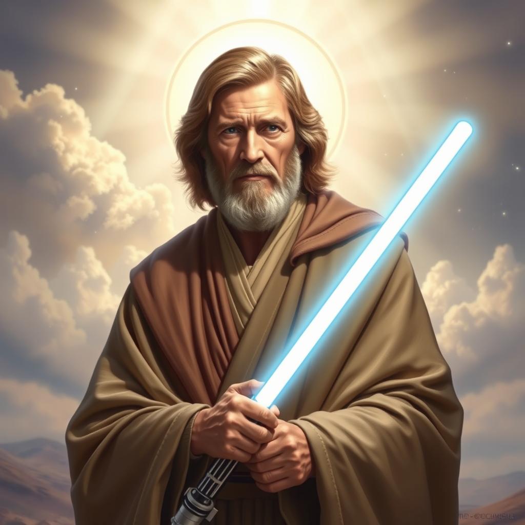 An image of Obi-Wan Kenobi from Star Wars depicted as a saint, holding a lightsaber