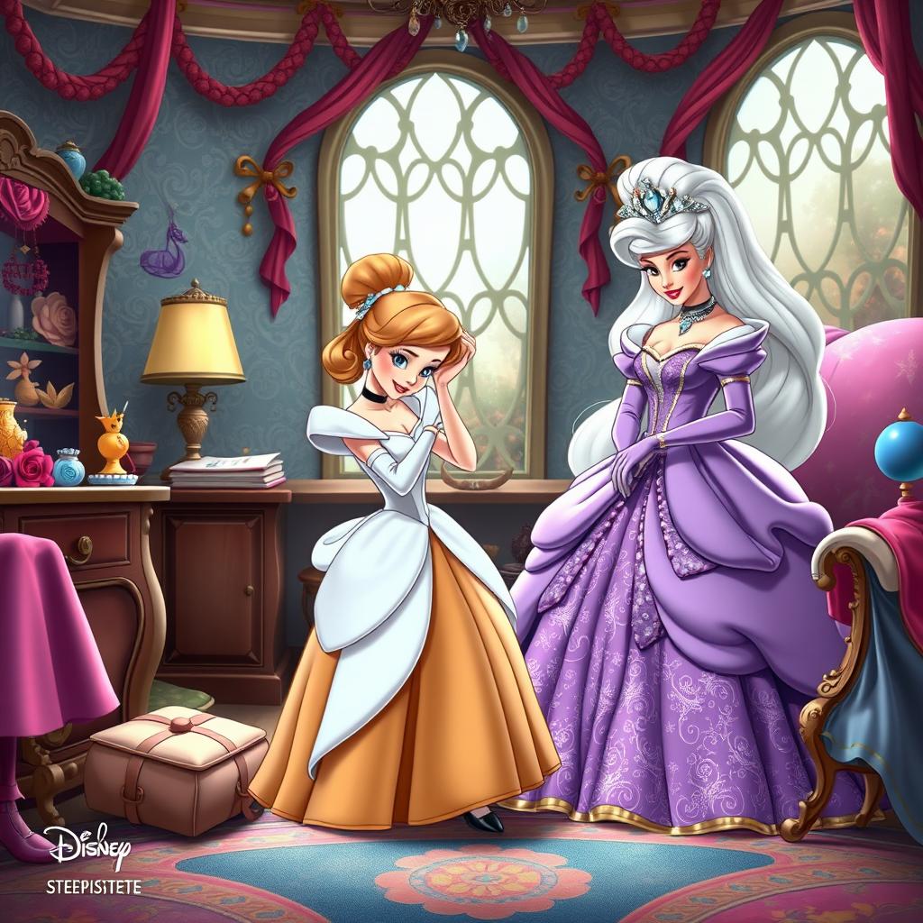 In a charming Disney animation style, Cinderella, dressed in tattered clothes, is diligently preparing her two stepsisters who are adorned in beautiful, extravagant gowns